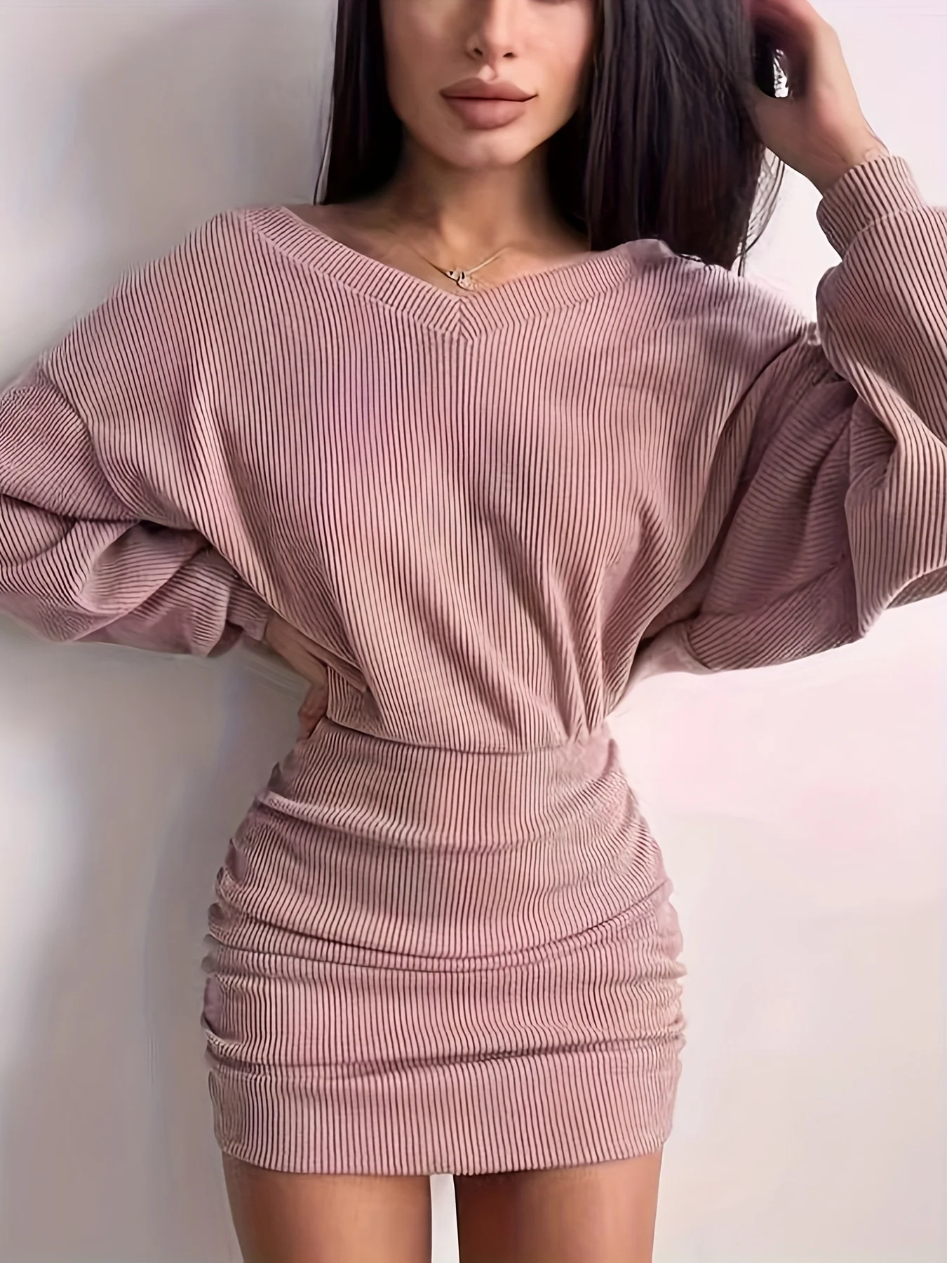

Ruched Bodycon Dress, Sexy Long Sleeve Bag Hip V Neck Mini Dress,Women's Clothing