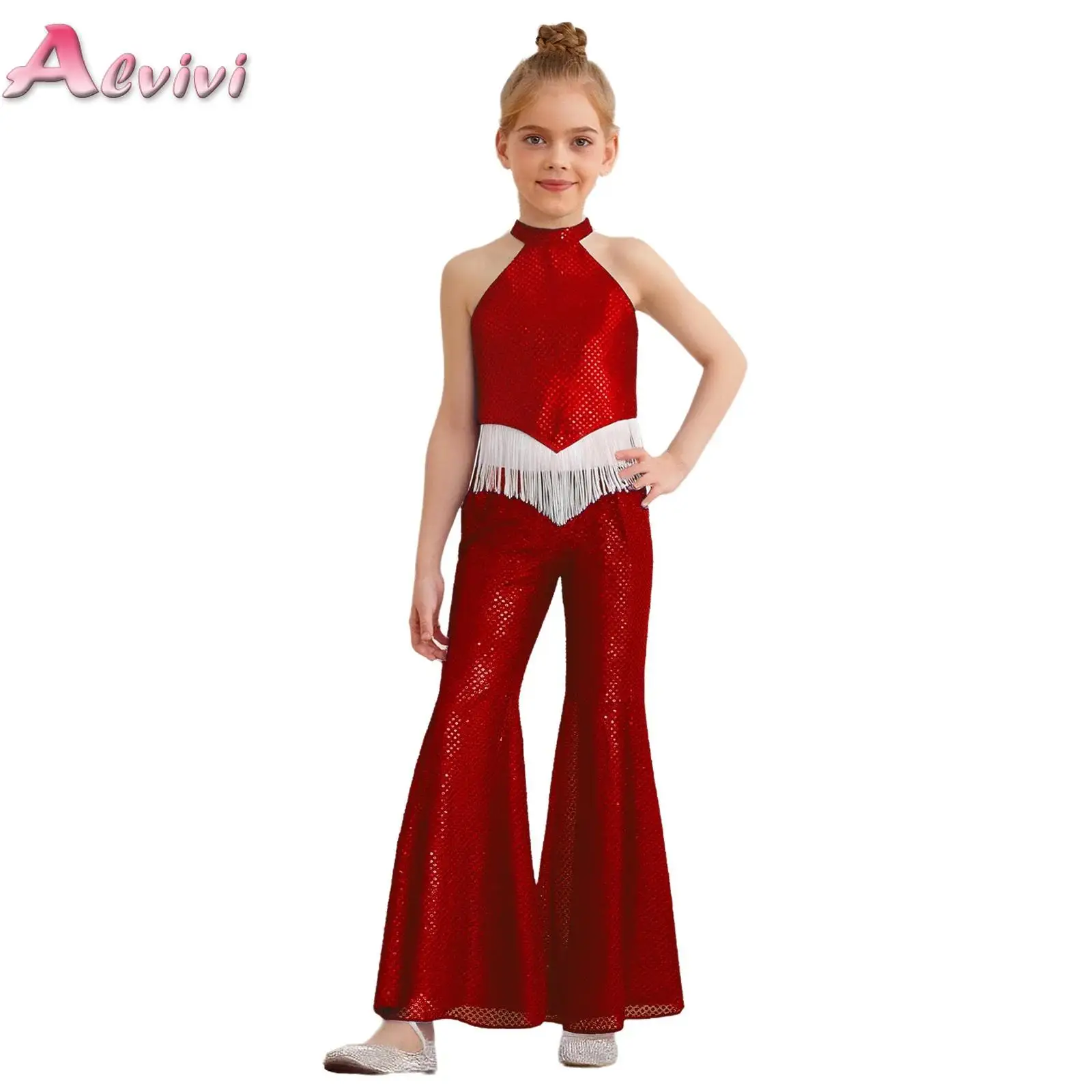 

Kids Girls Jazz Hip Hop Dance Costume Sparkling Sequins Sleeveless Irregular Tassels Hem Crop Top with Bell-Bottom Pants Set
