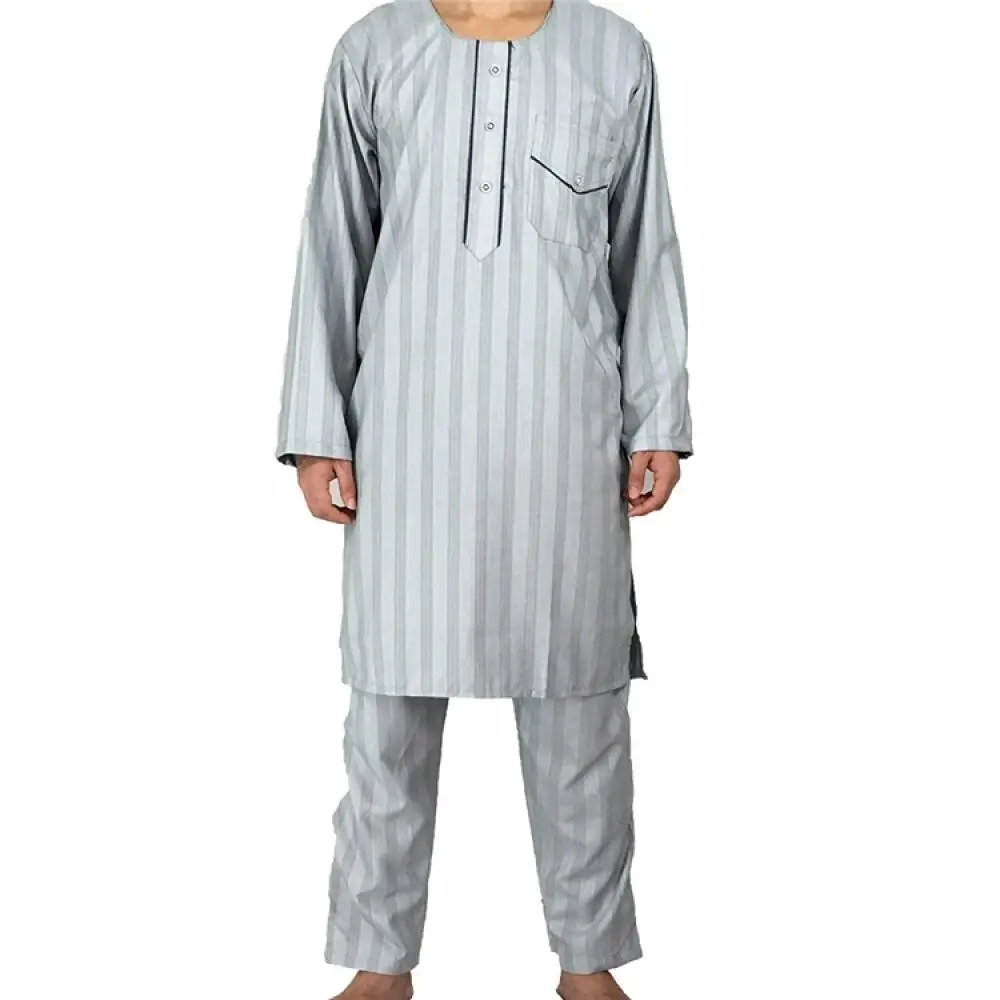 New Eid Men Robe Pants Set Striped Loose Full Sleeves Round Neck Top Long Pants Islam Prayer Clothes