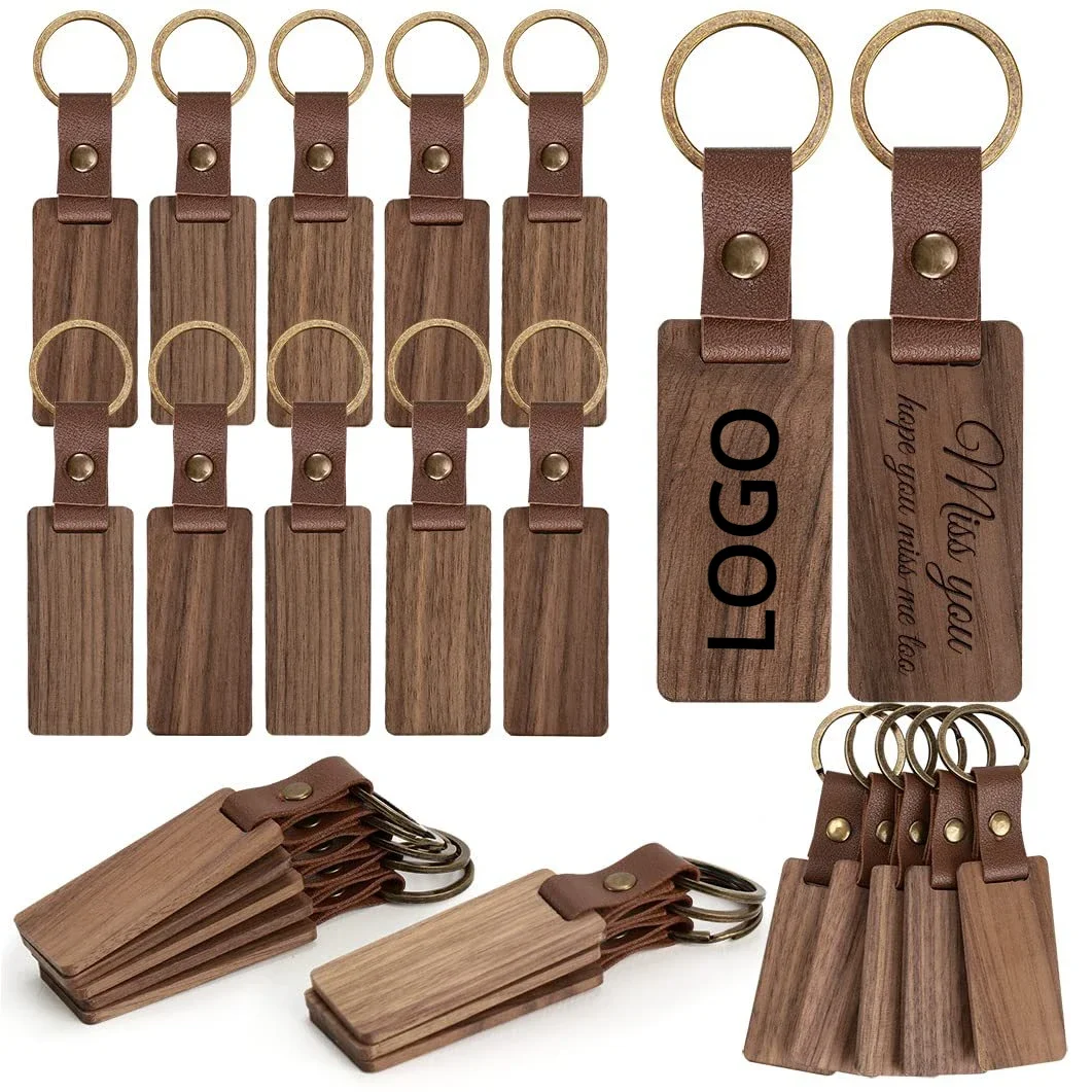 Heart Black Walnut Wooden Custom Own LOGO Keychain Round Solid Beech Wood DIY Making Key Chain Square Customize Engraved Keyring