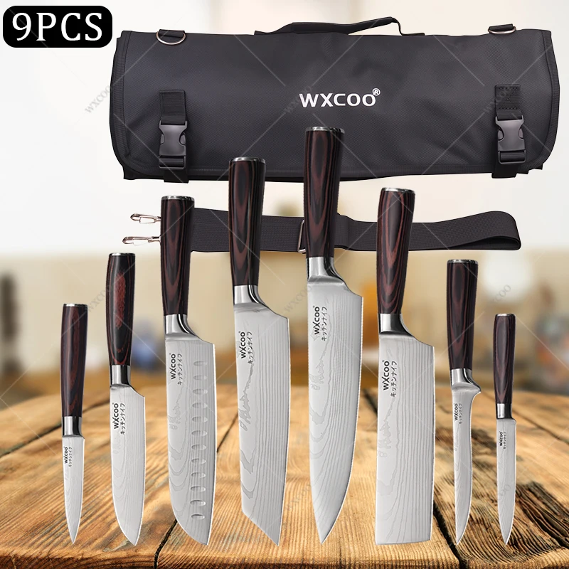 WXCOO Professionelles japanisches Kochmesser-Set, 7Cr17Mov Stahl, Fisch, Obst, Santokuri-Messer, Metzger, Ausbeinen, Fleischbeil, Küchenmesser, Tasche