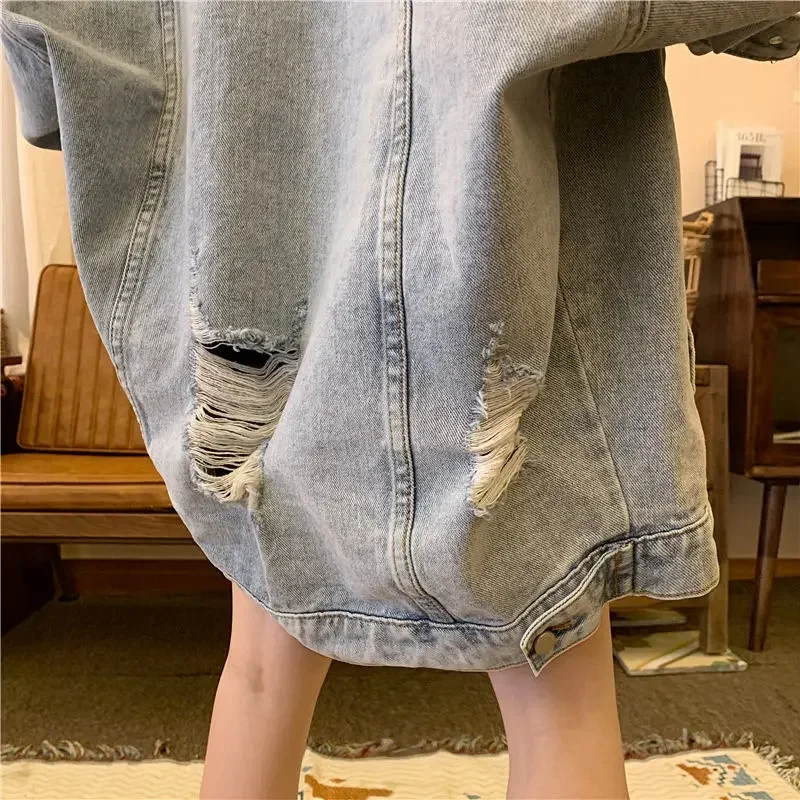 New Korean Style Denim Jackets Women Solid Color Ripped Outerwear Office Lady Oversized Female Vintage Large Size 4XL Loose Coat