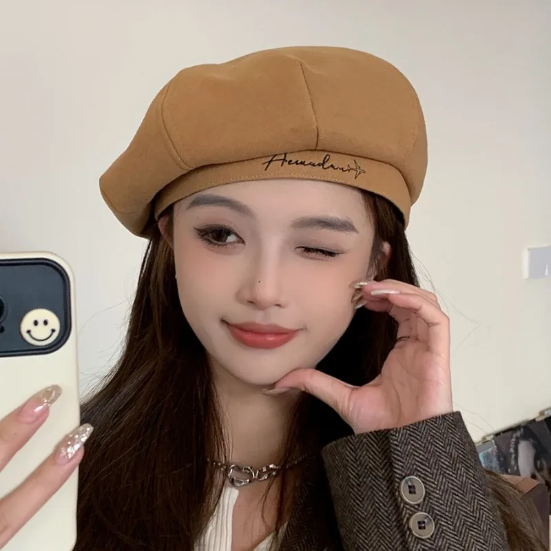 قبعة بيريه للخريف والشتاء للنساء، قبعة مثمنة للوجه، قبعة فنان أدبية بريطانية عتيقة، إكسسوار أزياء أكاديميا داكنة