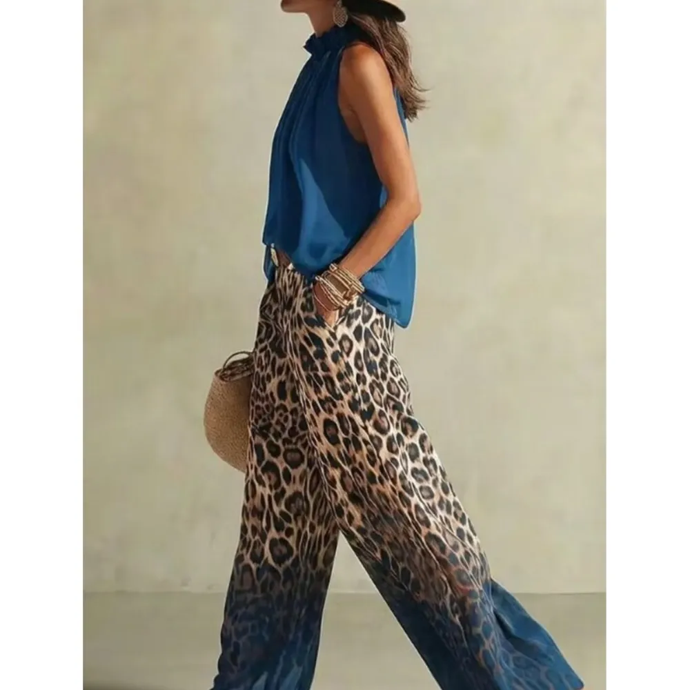 Women's Suit Printed Leopard Print Gradient Wide Leg Trousers Female 2-piece Set Fashion Blue Halter Neck Sleeveless Chiffon Top