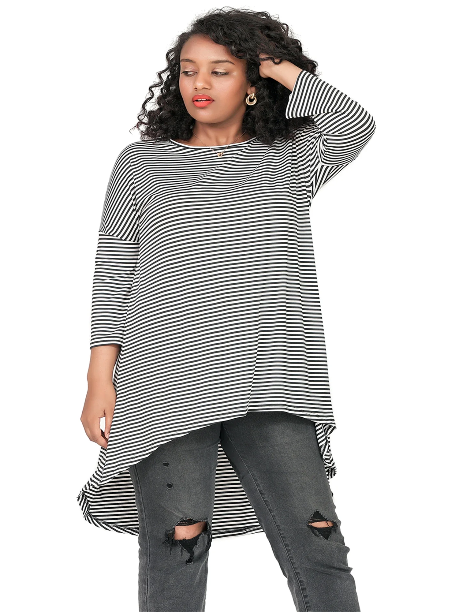 Plus Size Long Sleeve Black And White Stripe Tops Women Long Loose Hi Low Swing Blouse T Shirt Large Size Casual Tunic 7XL 8XL