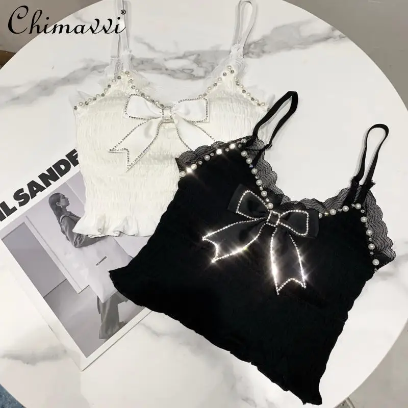 

2021 Spring New Rhinestone Vest Bow Pleated Sling Inner Wear Solid Color Women's Sexy Chest Pad Strap Tube Top