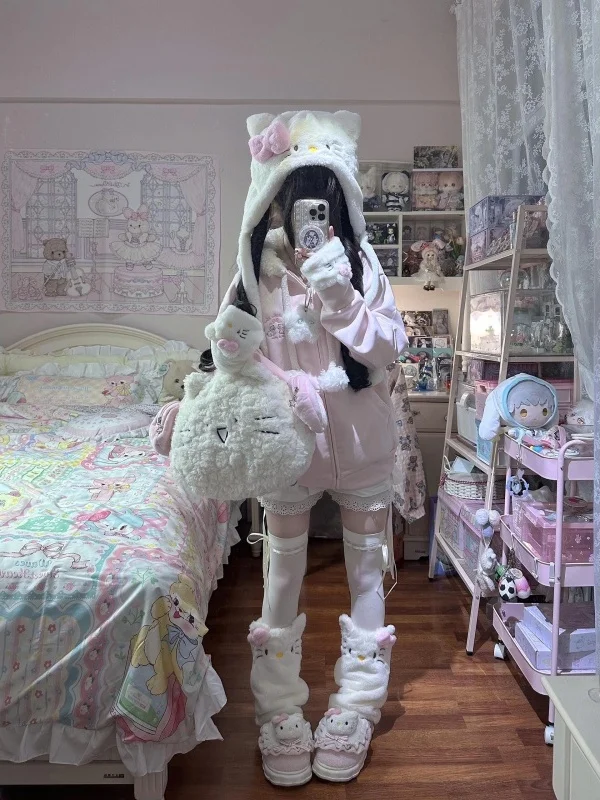 

Cute Pink Fce Lined Thiened Autumn Winter Coat for Women Sweet Sle Hooded Open Cardigan Sweatirt Soft Cozy eep Design