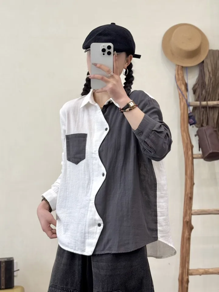 New 2025 Autumn Cotton Long Sleeve Shirt, Women Turn-down Collar Patchwork, Mori Girl Retro Casual Design Loose Blouse T56259CC