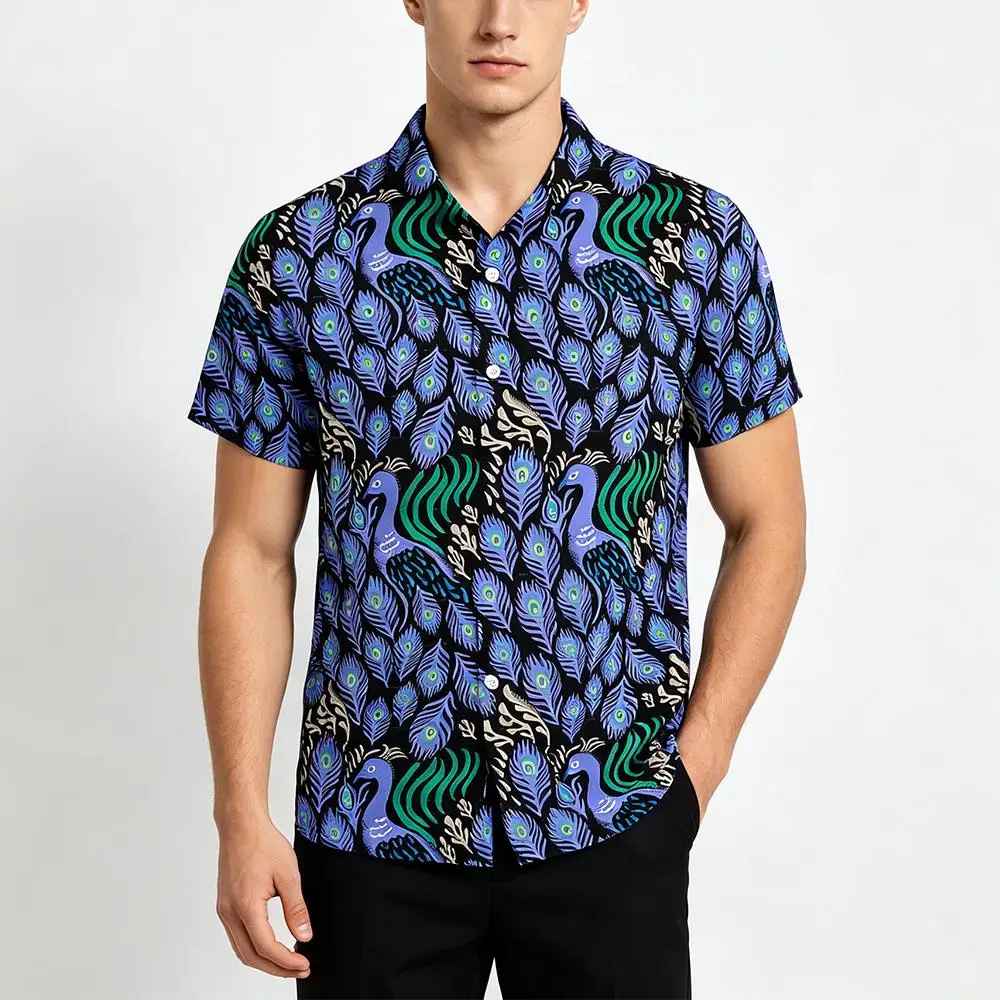 Peacock Feather Print Hawaiian Shirt Fashion Vintage Vacation Style Streetwear Summer Daily Casual Lightweight Cozy Beach Blouse