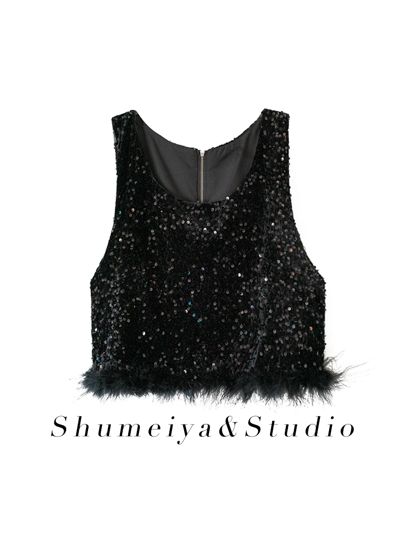 

iny Sequin Zipper Vest Women's Outerwear Svel Faionable Feather Trimmed ort Sle Spring Collection Versatile