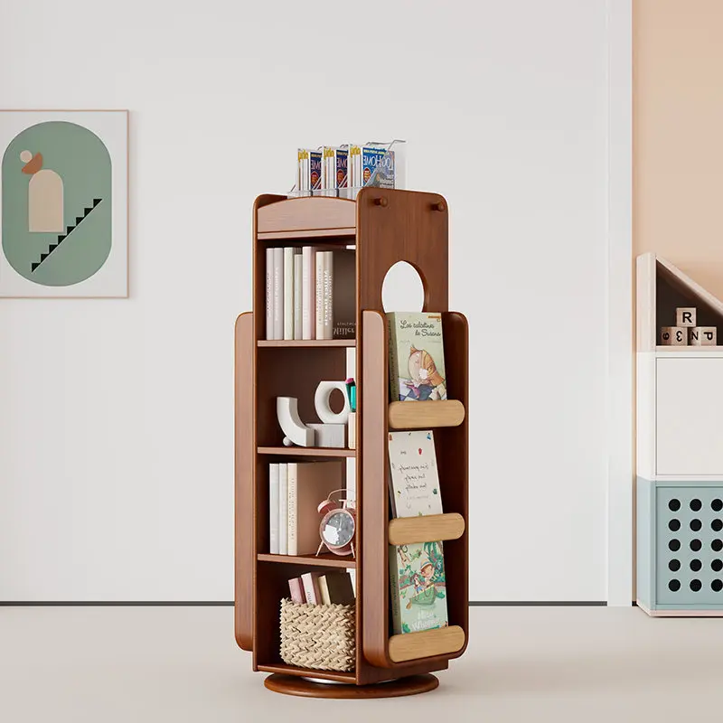 All solid wood children's rotating bookshelf floor 360-degree multi-layer picture book rack living room storage rack