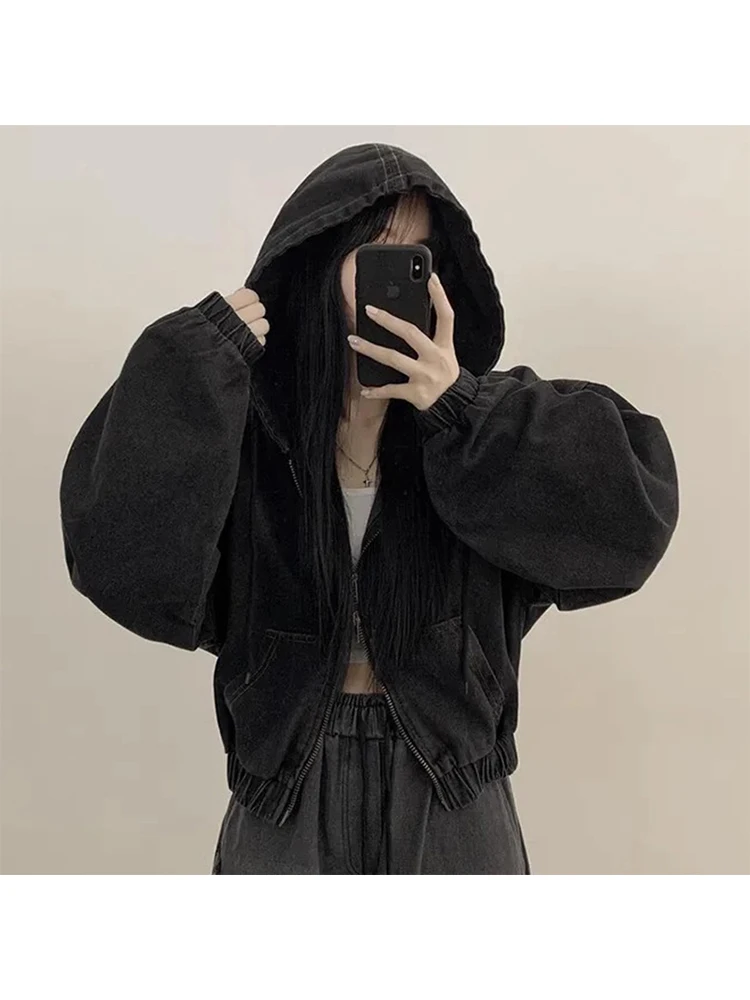 2025 가을 겨울 여성용 아메리칸 레트로 데님 후드티 스웨트셔츠 2000년대 대학 스타일 하라주쿠 Y2K 일본 스트리트웨어 오버사이즈