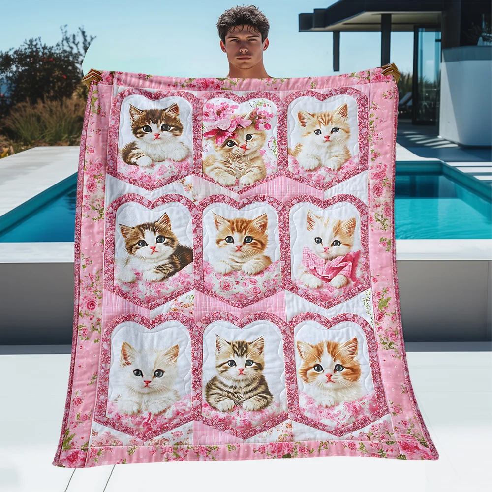 1pc Kitten Patchwork Printed Outdoor Throw Blanket, Lightweight Soft‑Warm Digital‑Print Flannel Blanket for Camping, Picnic