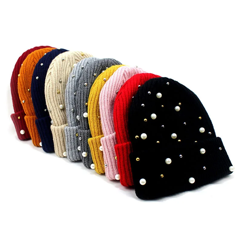 Winter Knitted Beanie Women  Ladies Casual Outdoor Warm Skullies Cap Rhinestone Pearls Knitting Hats Female Solid Color Casual