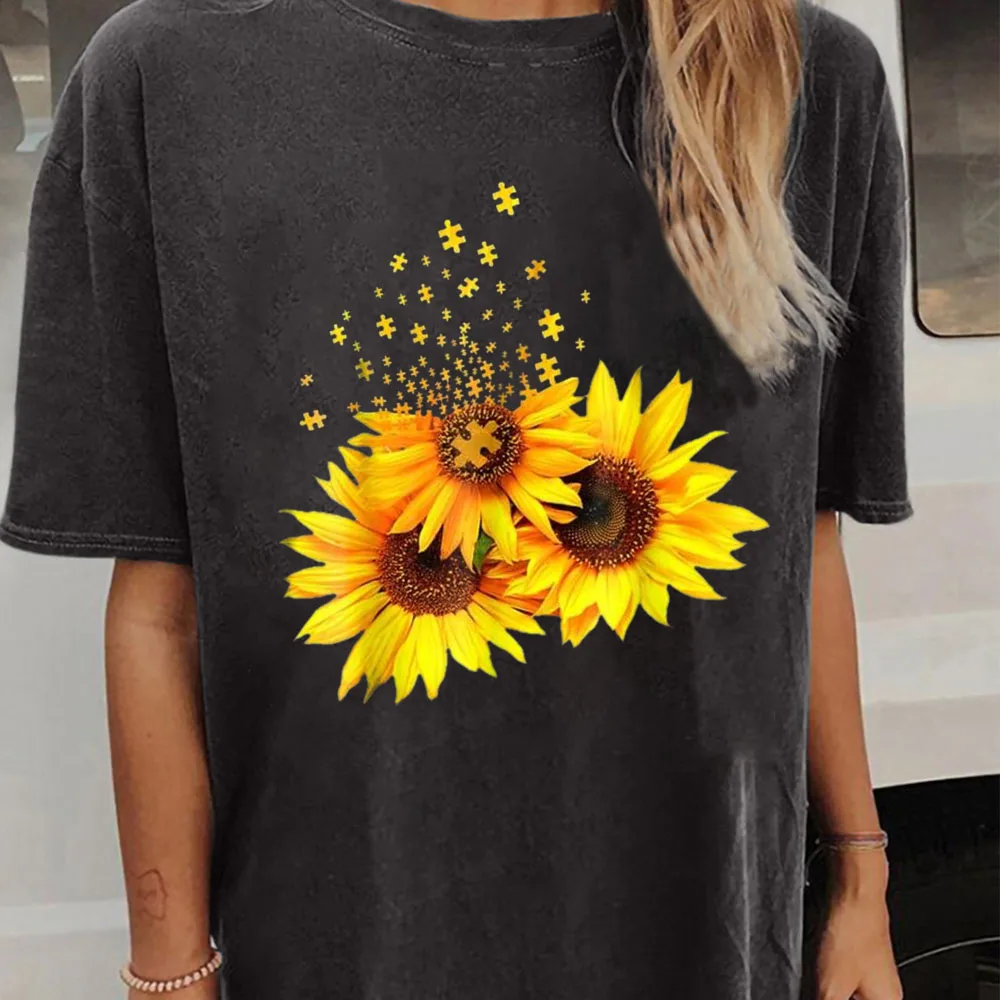 

Seeyoushy Building Blocks Floral Print Crew Neck Fashion Women's Top Y2K Aesthetic Women's Clothing 2023 New Women's T-shirt 90s