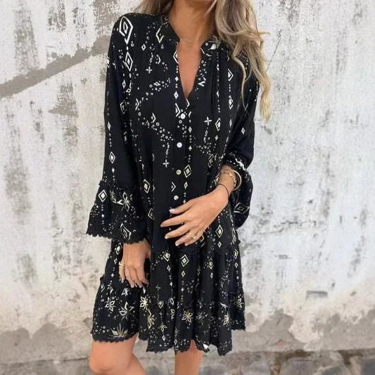 春秋無地ブロンズ加工ファッションホーンレース袖ホローラージサイズドレス