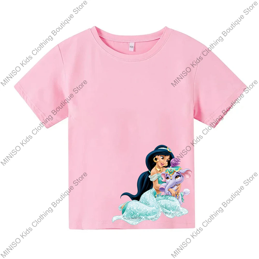 MINISO 100% Cotton T-Shirt Anime Cute Princess Jasmine Print Fashion Casual Streetwear Oversized Tee Kids Adults Tops Clothing