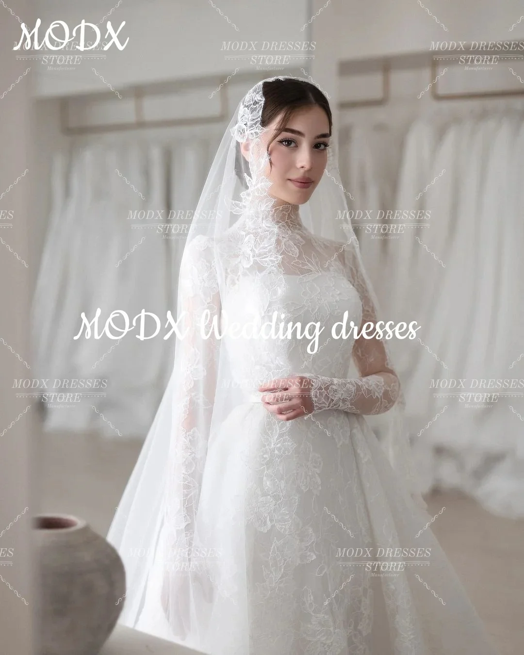 MODX Exquisite Lace Embroideried Wedding Dress High Neck Bridal Gown for Photo shoots Vestidos Novias Boda Women Customized
