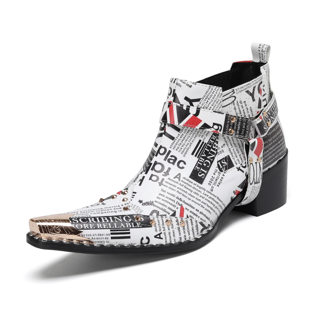 

Botas British Style Newspaper Printing Genuine Leather Party Dress Boots Men Footwear Metal Pointed Toe Motorcycle Short Boots