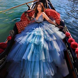 FORMALS V-neck Tulle Ball Gown Ruffled Sleeve Woman Clothes Custom Made Evening Dress See Through Fluffy Prom Dresses