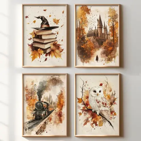 4pcs/set Autumn Leaves Canvas Prints Poster Retro Magic Book Owl Train Aesthetics Art Prints Bedroom Fall Home Decor Art Poster