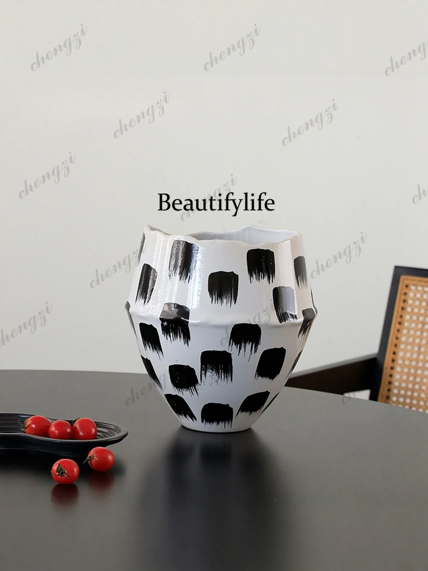 Jingdezhen ceramic vase large diameter wabi sandy wind ornament living room large floor-to-ceiling flower arrangement utensils