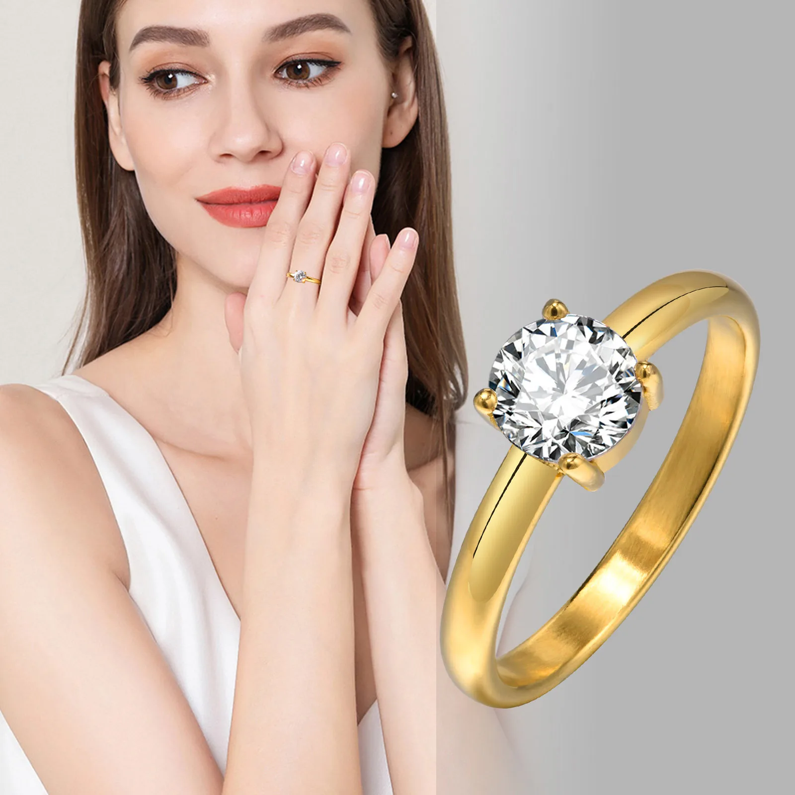 2mm Cubic Zirconia Engagement Ring for Women, Eleganet Oval CZ Stone Stainless Steel Wedding Gift image 2