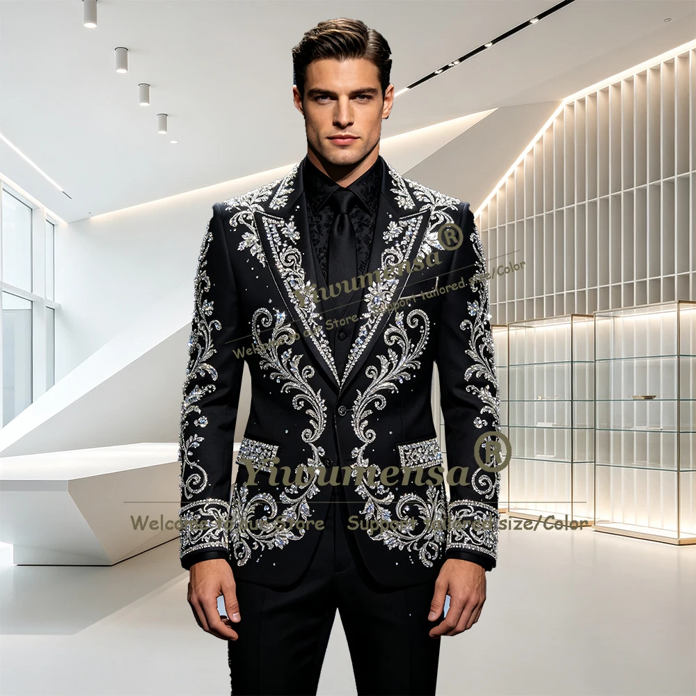 Man Exclusive Tuxedo Suit Plus Size Single Breasted Jacket Pants Stones Prom Blazer Customized Beading Crystals Terno Masculinos