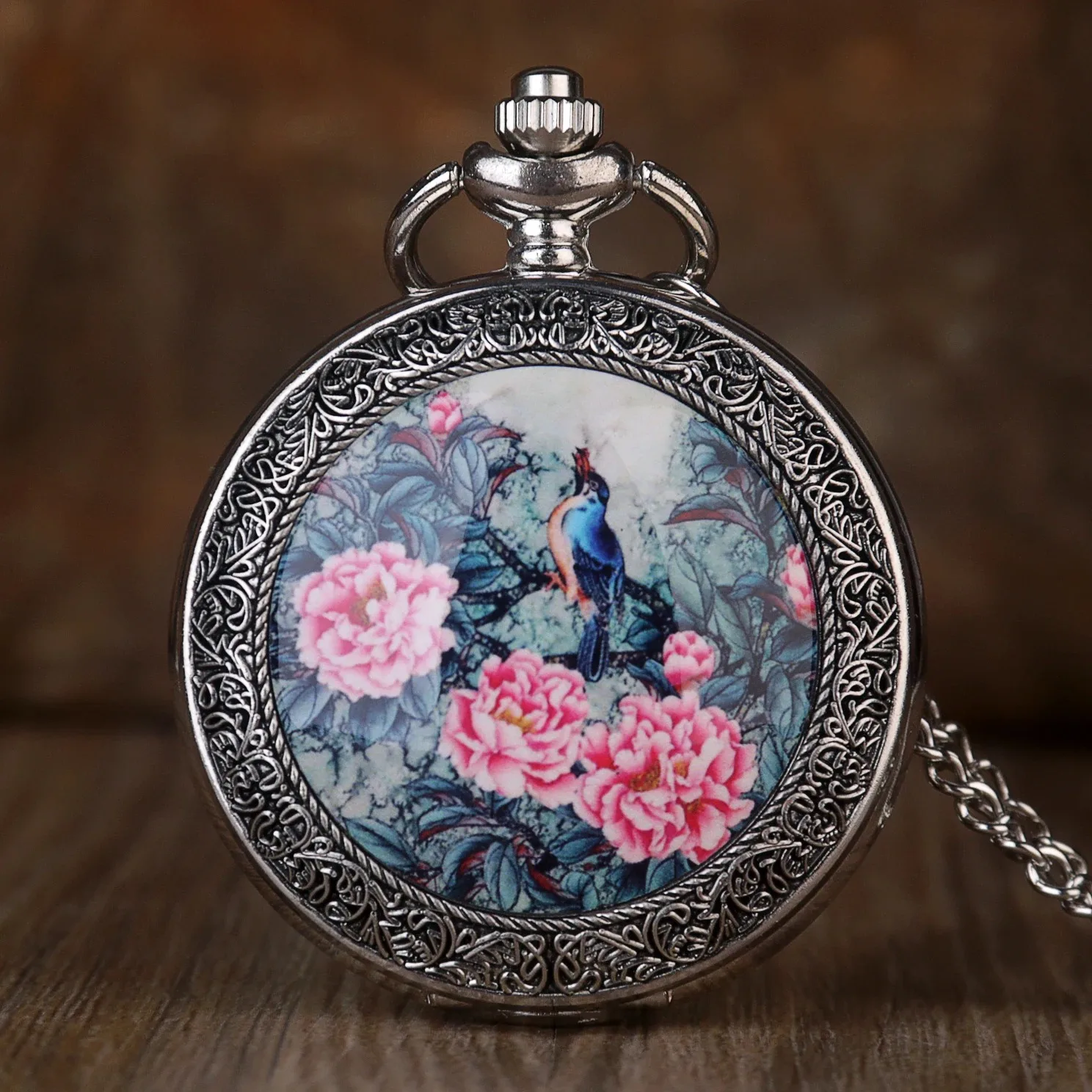 Vintage Silver Quartz Pocket Watch Vivid Bird on The Tree with Exquisite Flowers Patterns Women Necklace Pendant Pocket Watches