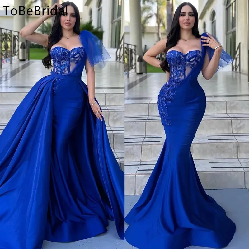 Blue Prom Dress Sweetheart One Shoulder Appliques Slimming Celebrity Party Dress Detachable Train Evening Dresses Customized