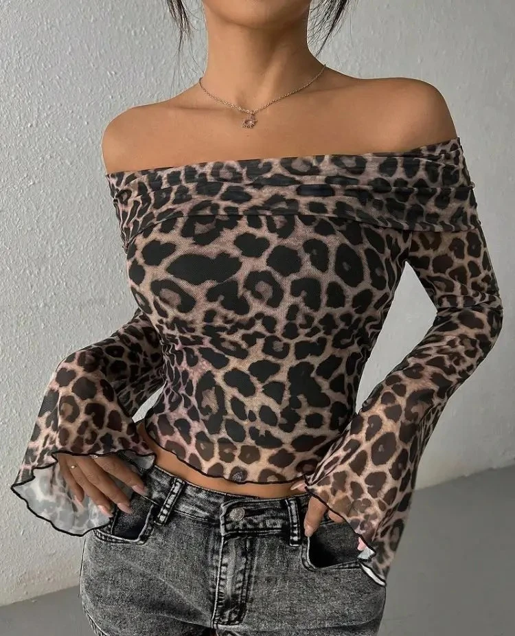 

Leopard Print Long Sleeve Mesh Ruched Slim Crop Tshirt Top Casual Clothes Sexy Streetwear