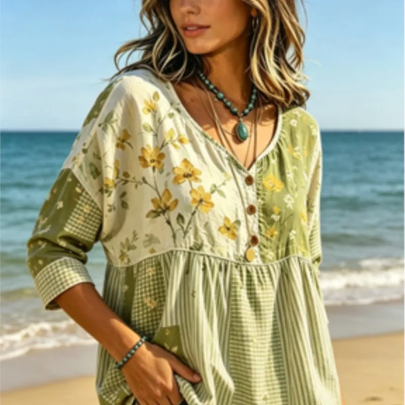 Chemisier décontracté ample pour femme, vert et jaune, à motifs floraux et patchwork, col en V, boutonné, manches longues, à carreaux vichy, pour les vacances et le quotidien