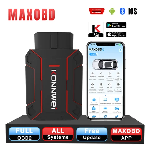 2026 MAXOBD KONNWEI Инструмент диагностики неисправностей полной системы OBDII для автомобиля, Глубокая диагностика, Беспроводное соединение Bluetooth, Система мониторинга, Инструмент сканирования OBD2