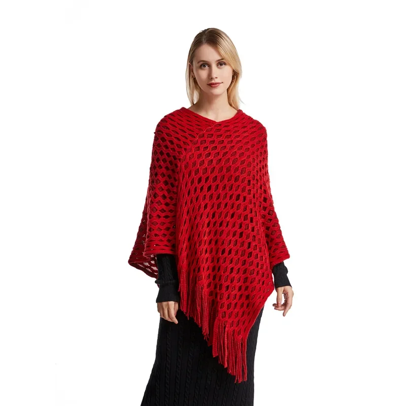 

2024 Spring Autumn Loose Tassel Large Pullover Sweater Women's Versatile Coat Medium Long Cape Shawl Mesh Sweater Red