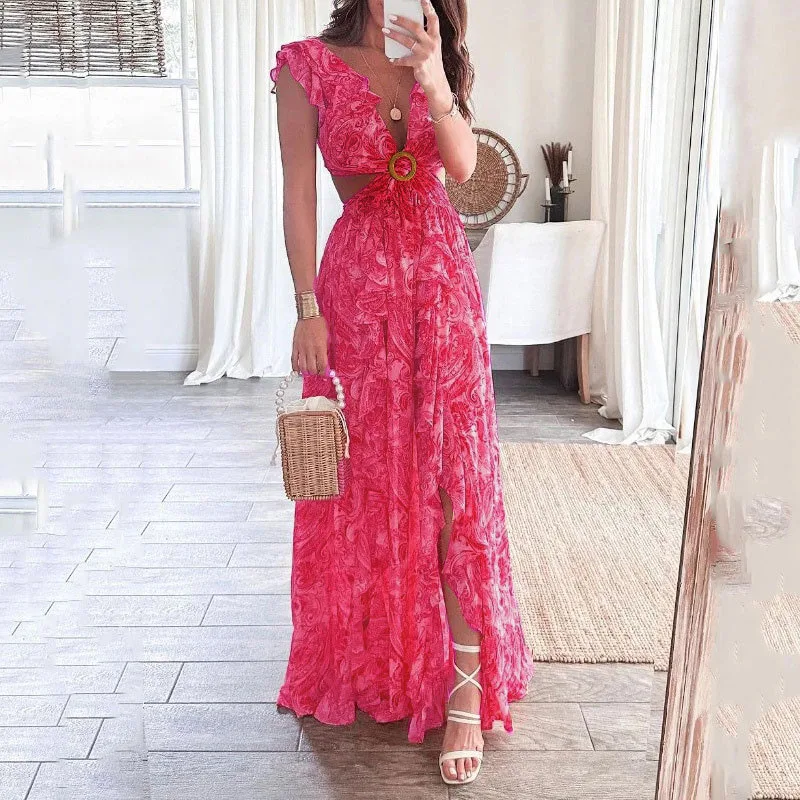 Long Pleated Slit Fashion Party Dress Sexy Sleeveless Ankle-Length Women Dress 2024 Women New Elegant Printed Deep V-Neck Dress