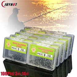 100Pcs/Box Fish Hooks 3# 5# 6# 8# 10# 11# 13# 14# Barbed High Carbon Steel Table Fishing Hook Grass Carp Fishing Supplies Tackle