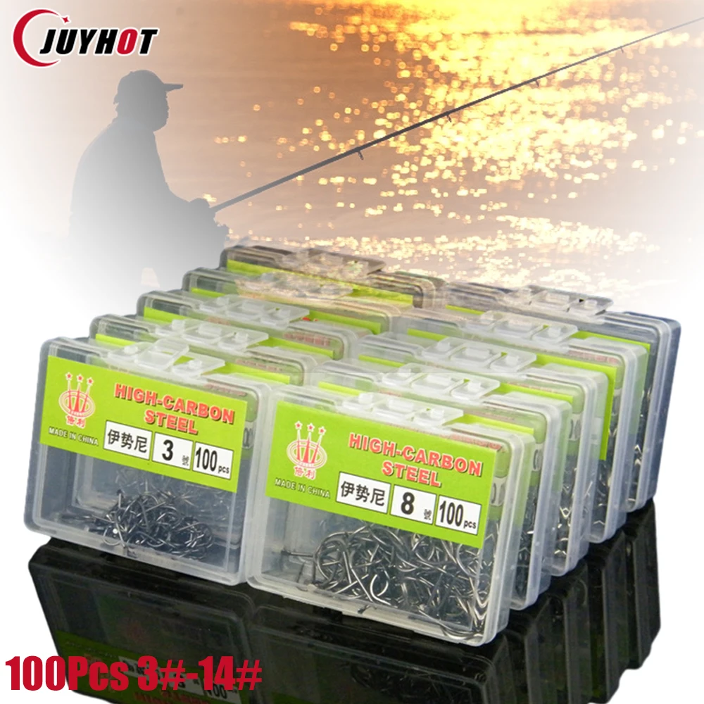 100Pcs/Box Fish Hooks 3# 5# 6# 8# 10# 11# 13# 14# Barbed High Carbon Steel Table Fishing Hook Grass Carp Fishing Supplies Tackle