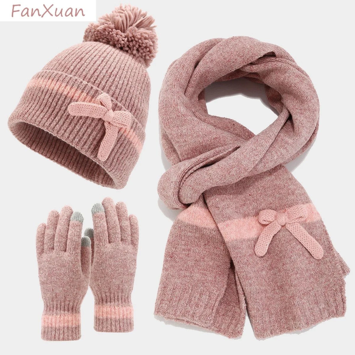 femmes-hiver-ensemble-3-pieces-bonnet-chapeau-gants-longue-echarpe-mignon-nœud-papillon-hiver-casquette-pompon-rose-vert-beige-jaune-chapeaux-ensembles