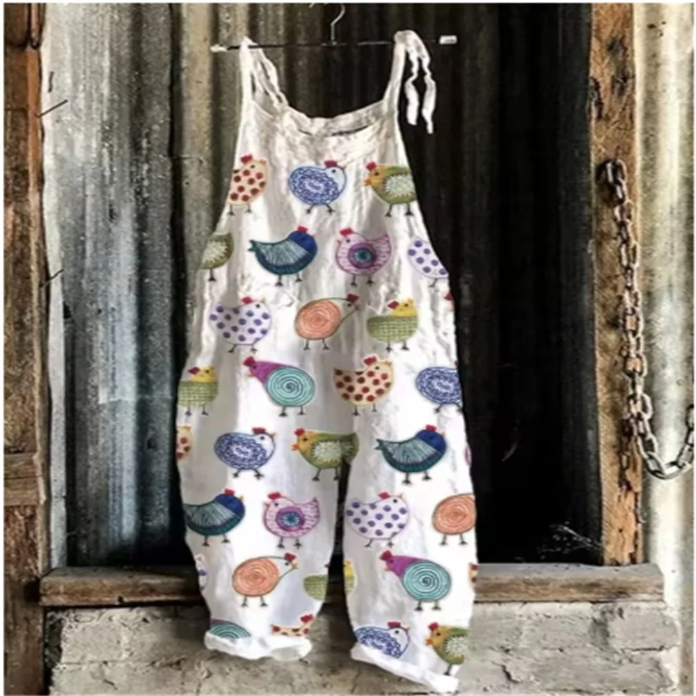 202 Summer Women's Breathable One-Piece Pants, 3D Cartoon Chicken Print Trendy Daily Casual Comfortable One-Piece Pants