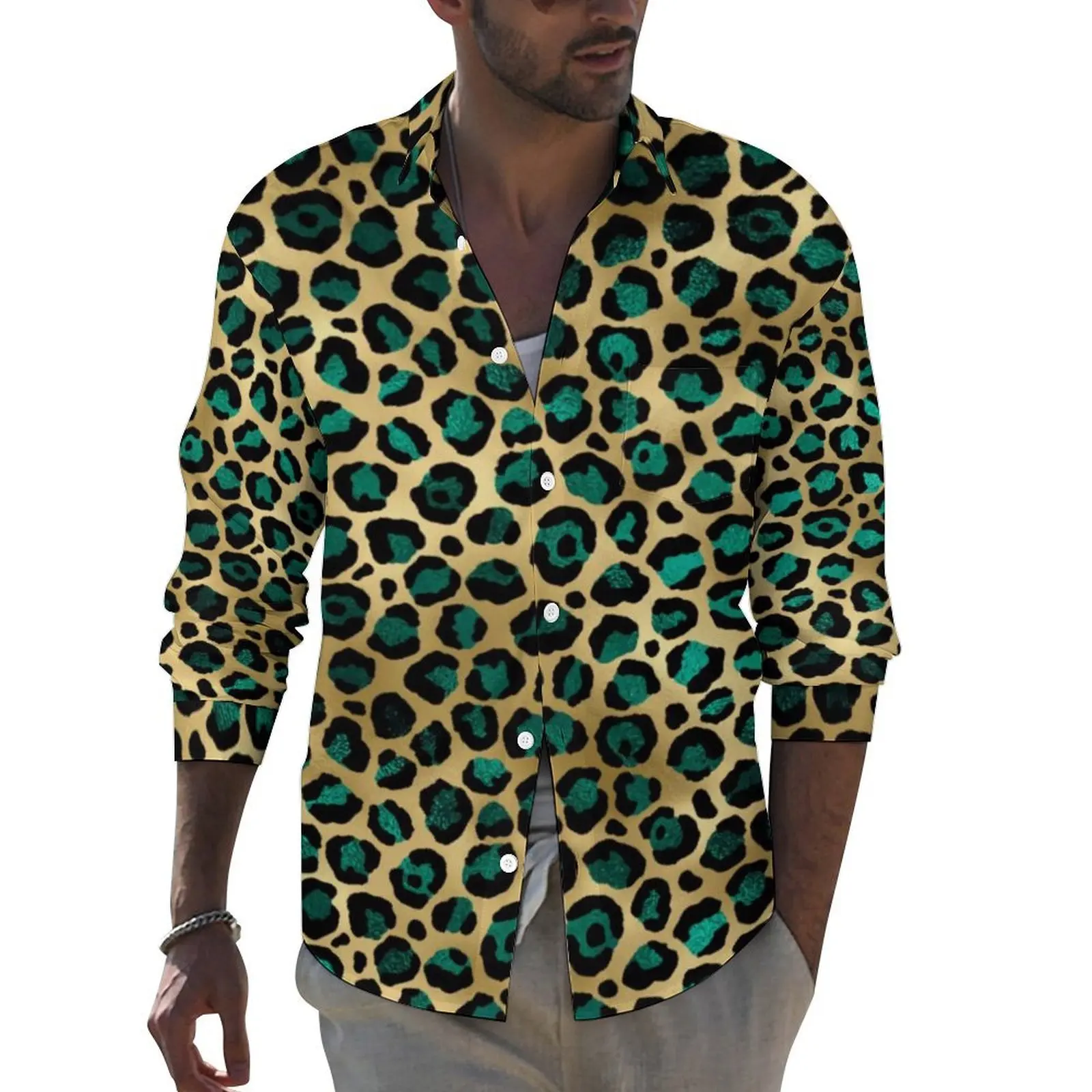 

Teal And Gold Leopard Casual Shirts Men Spots Print Shirt Long Sleeve Cool Y2K Blouses Spring Custom Top Large Size