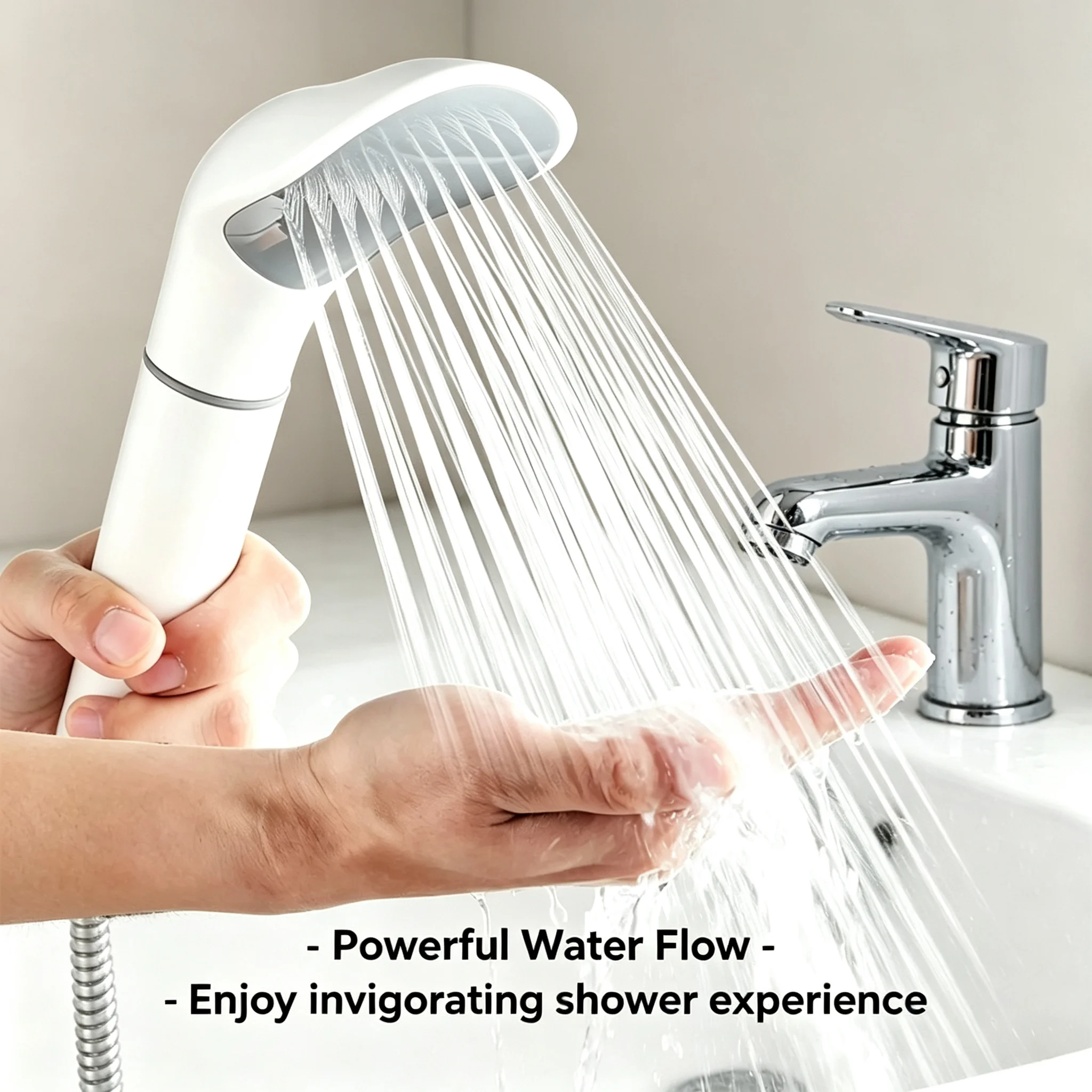 White High Pressure Handheld Shower Head with Anti-Slip Handle & Replaceable Filter for Bathing and Pet Cleaning