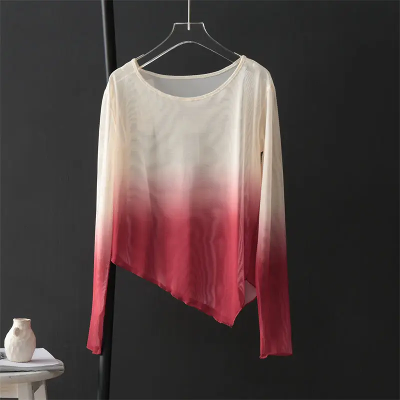 Spring Autumn New Fashion Tie Dye T-Shirts Women's Clothing Gradient Color Lace Tees O Neck Pullovers Thin Style Chaopai Tops