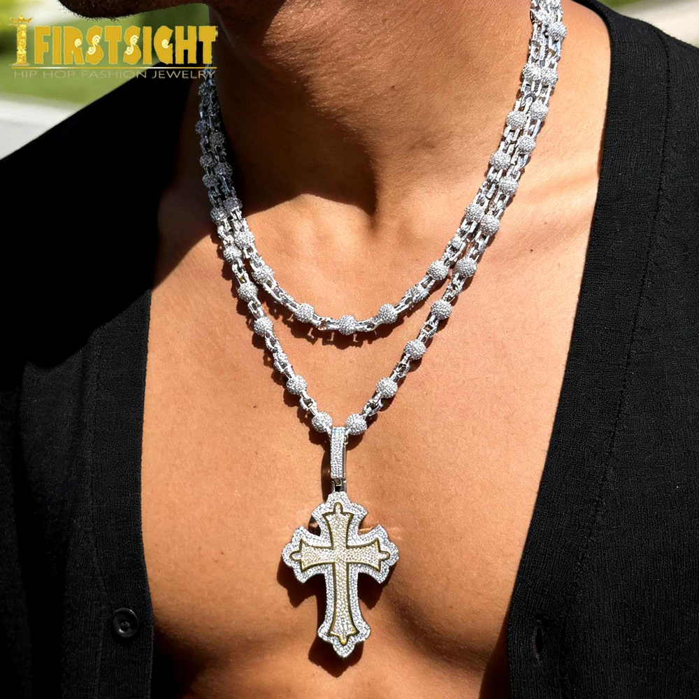 

New Iced Out Bling Two Tone Color Cross Pendant Solid 7mm Round Bead Necklace Hip Hop Full Cubic Zirconia Men's Rock Jewelry
