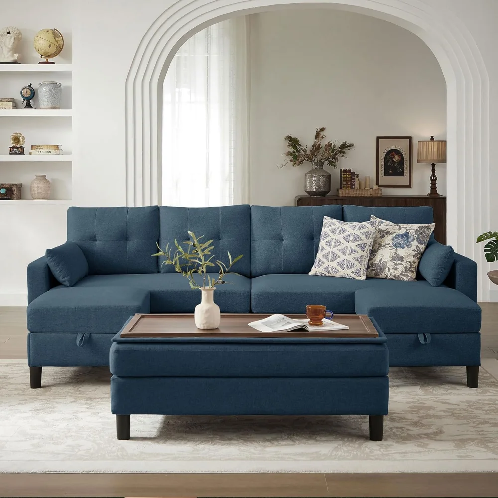 

101" Convertible Sectional Sofa with Ottoman Coffee Table, Modern Linen Fabric U-Shaped Couch with Storage Pocket, 4 Seat Sofa