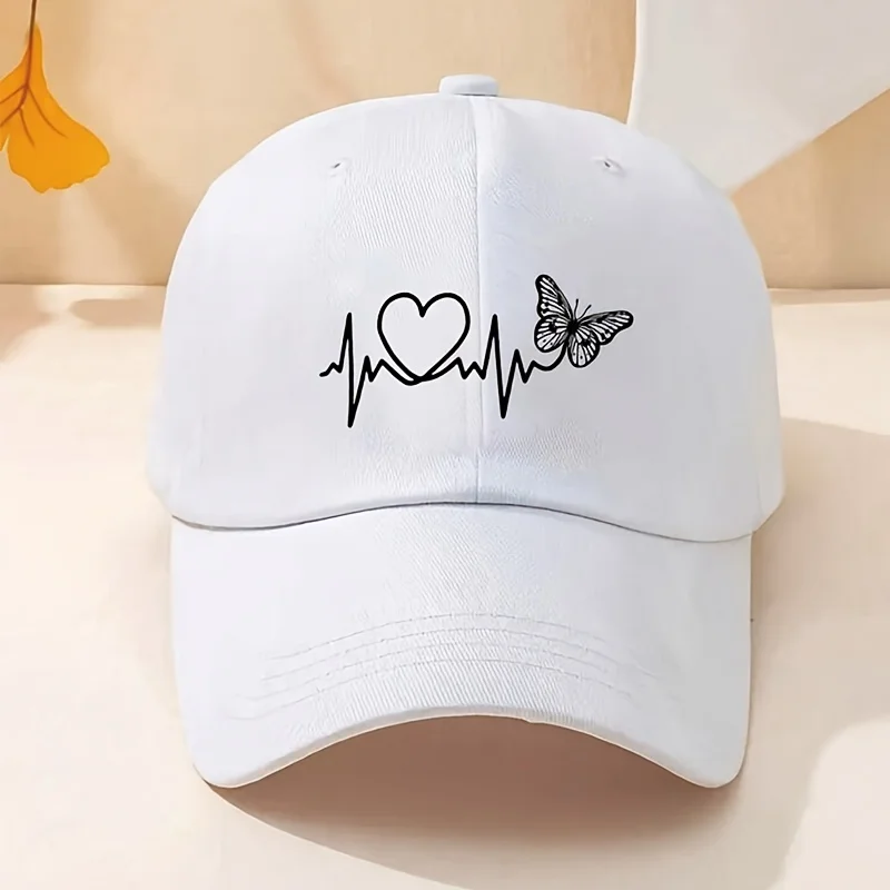 Una gorra de béisbol minimalista con diseño de estampado de latido del corazón de mariposa blanca para deportes al aire libre, sombrilla y protección solar