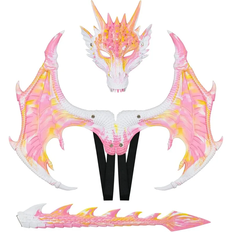 Dragon Costume for Kids Boys Girls Dragon Wing Tail Mask Set,Halloween Dinosaur Cosplay Set for Child Disfraz Costume Accessory