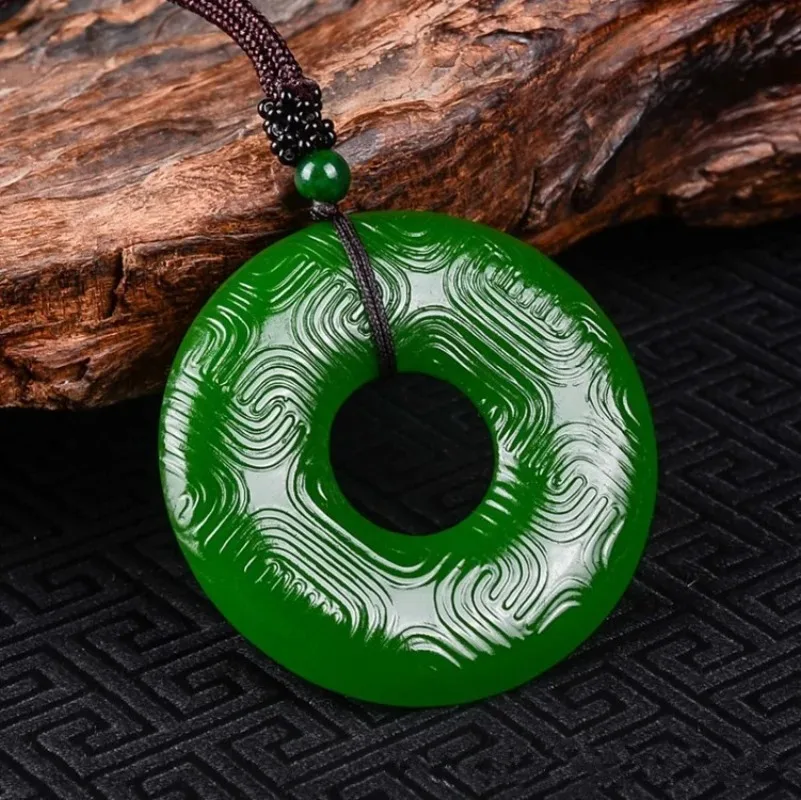 Natural Green Hand Carved Cloud Pattern Safety Buckle Jade Pendant Fashion Boutique Jewelry Men's and Women Necklace Accessories