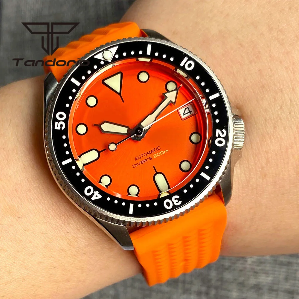 Imagem -02 - Relógio de Mergulho Automático Tandorio Masculino Mostrador Laranja Data Automática Vidro de Safira Luminoso Bisel Giratório Cerâmico Nh35a 37 mm 200m