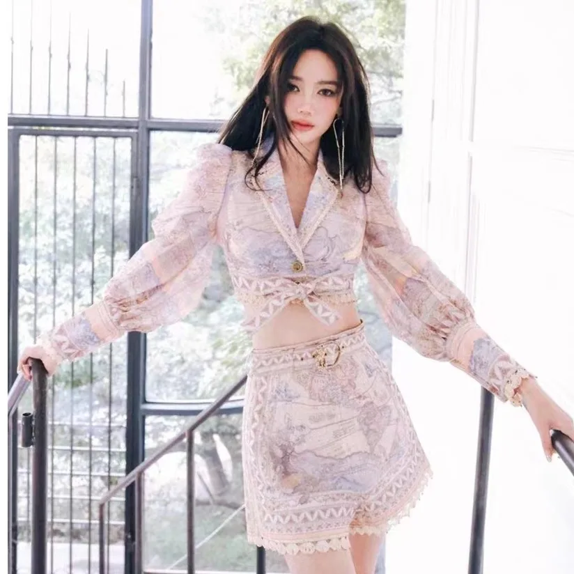 

Новинка осени 2024, австралийский открытый кардиган, шелковый льняной кардиган с высокой талией, винтажный женский комплект из двух предметов с принтом карты Faion