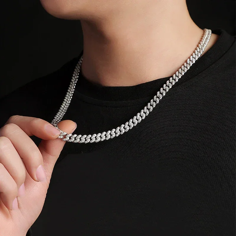 EWYA Full Moissanite Cuban Neck Chain Necklace for Men Women 8mm S925 Silver Plated 18K Hip Hop Pass Diamond Test Link Necklaces